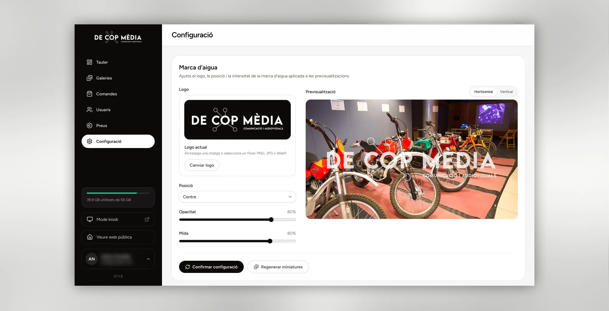 Configuració de la marca d'aigua a De Cop Mèdia